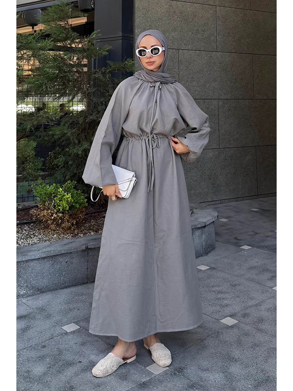 Balon Kol Bağlamalı Tesettür Elbise Gri