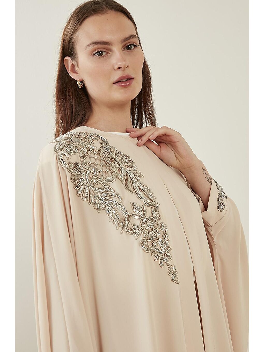 Mizalle Pudra Agraflı Taşlı Pudra Abaya - 7