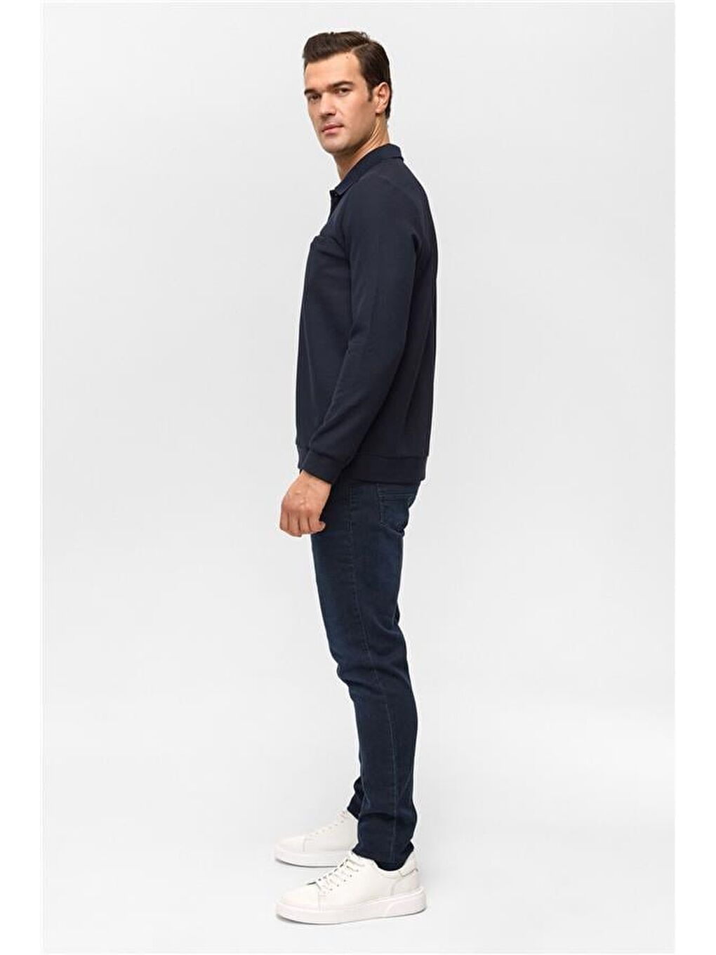 Lacivert Regular Düz Polo Yaka Sweatshirt-3