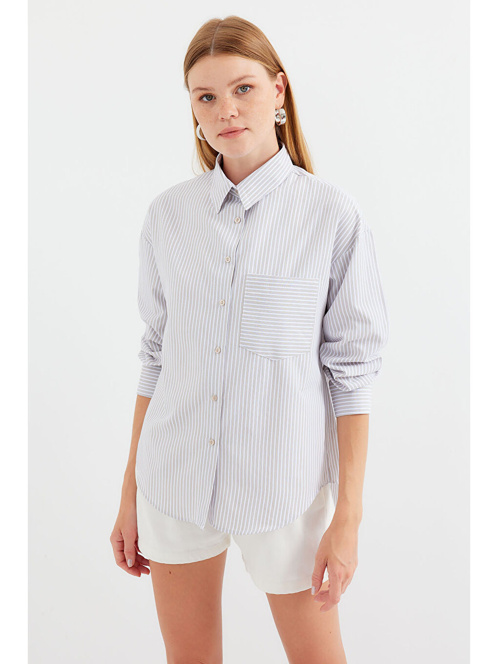 20212 Tek Cepli Çizgili Oversize Gömlek - Bej-2