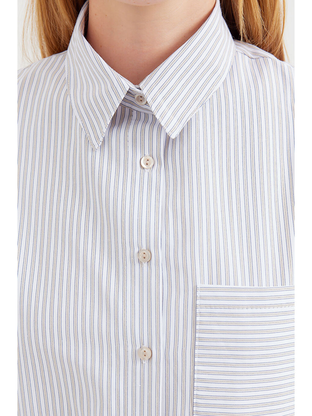 20212 Tek Cepli Çizgili Oversize Gömlek - Bej-3