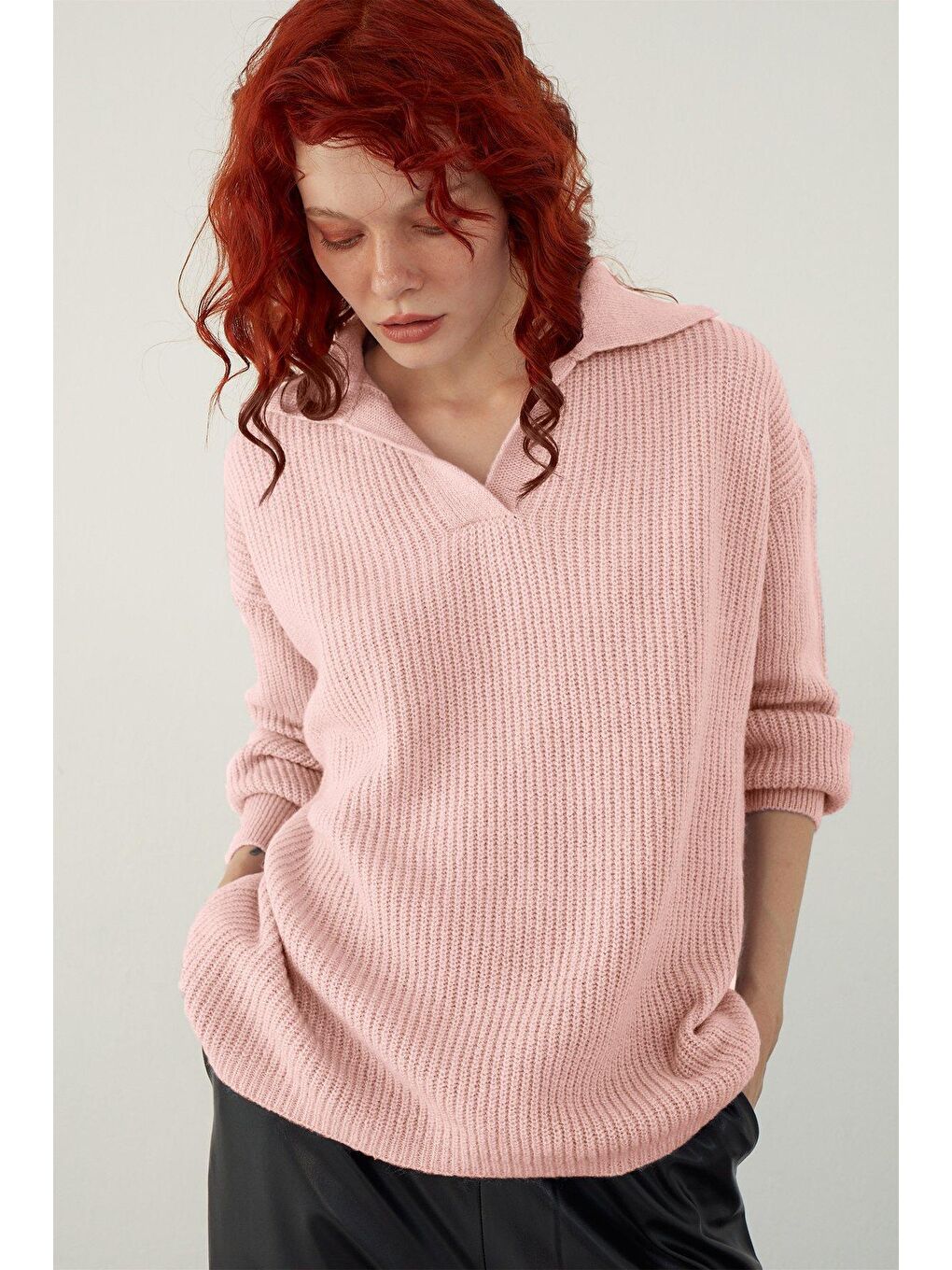 Pembe Polo Yaka Örgü Triko Kazak