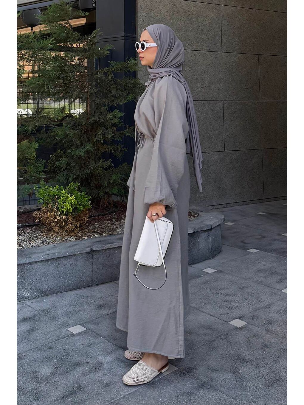 Balon Kol Bağlamalı Tesettür Elbise Gri-2