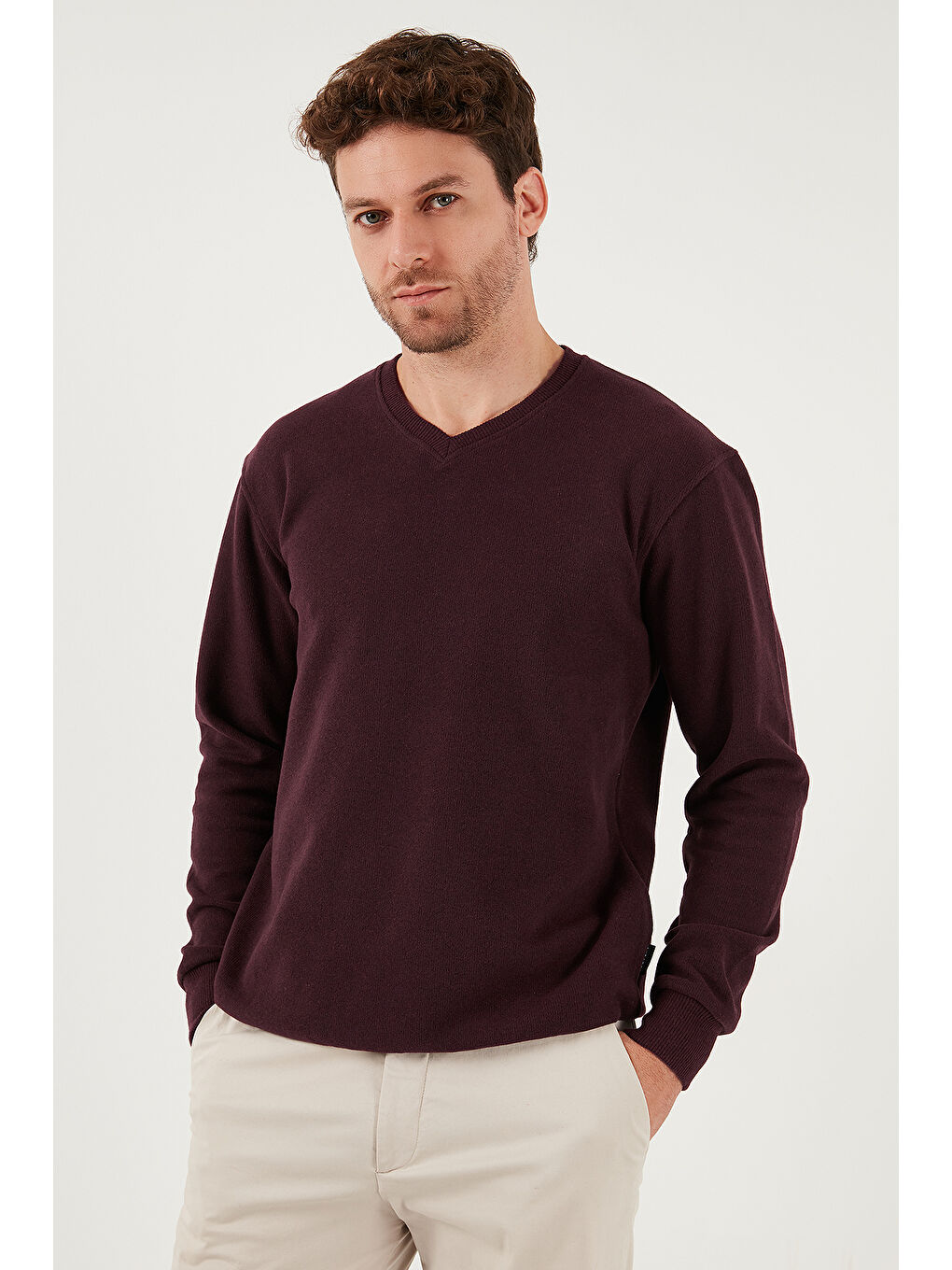 Mürdüm Pamuklu Regular Fit V Yaka Büyük Beden Kazak 456202-4