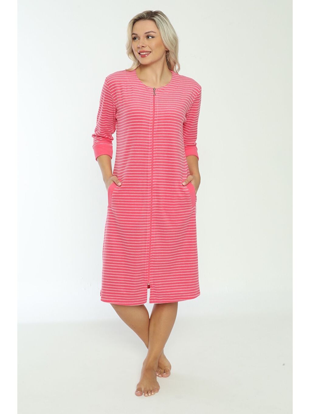 Pembe Kadın Lila Fermuarlı Pamuklu Truvakar Kollu Cepli Elbise-1