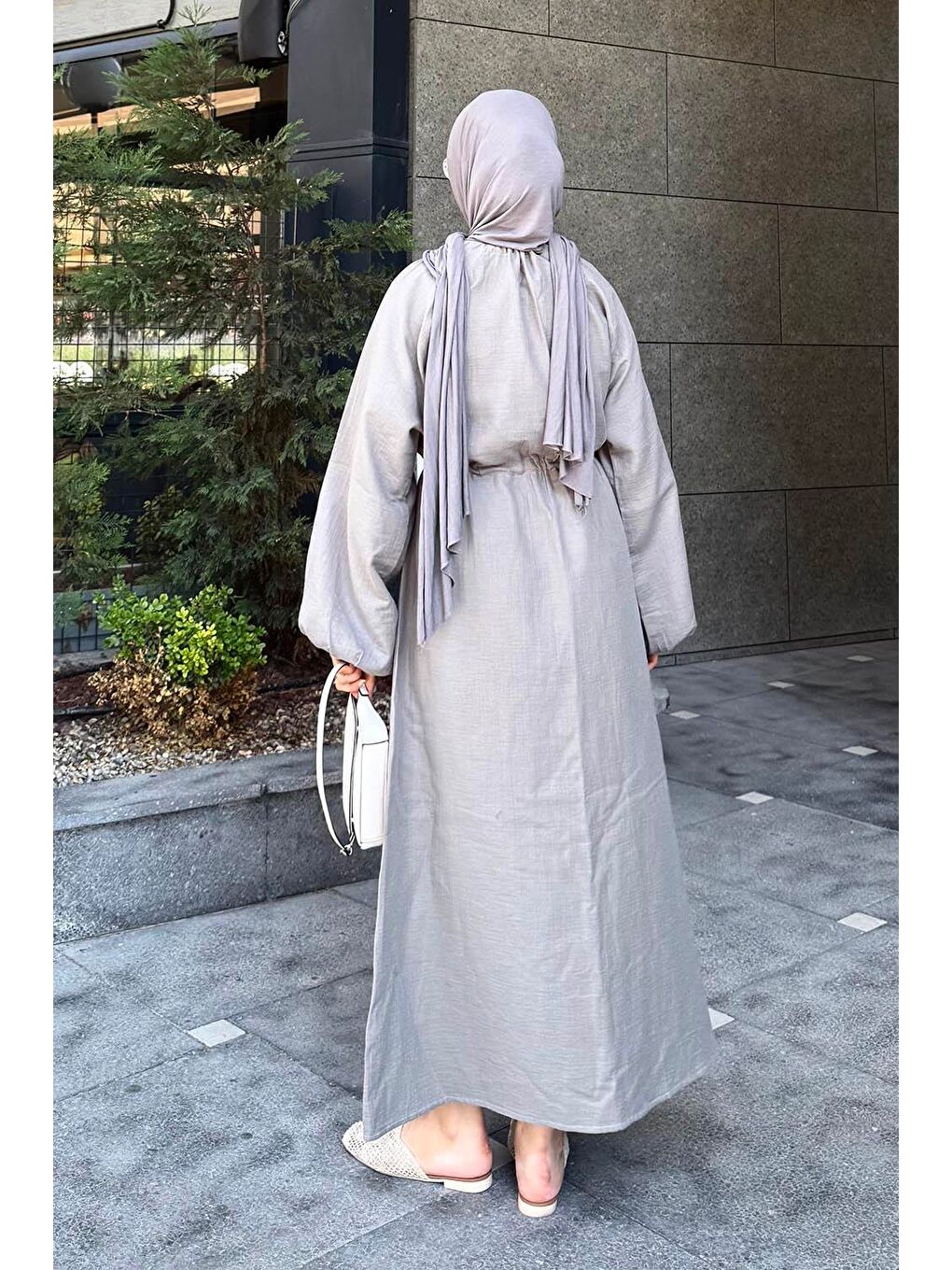 Balon Kol Bağlamalı Tesettür Elbise Gri-3