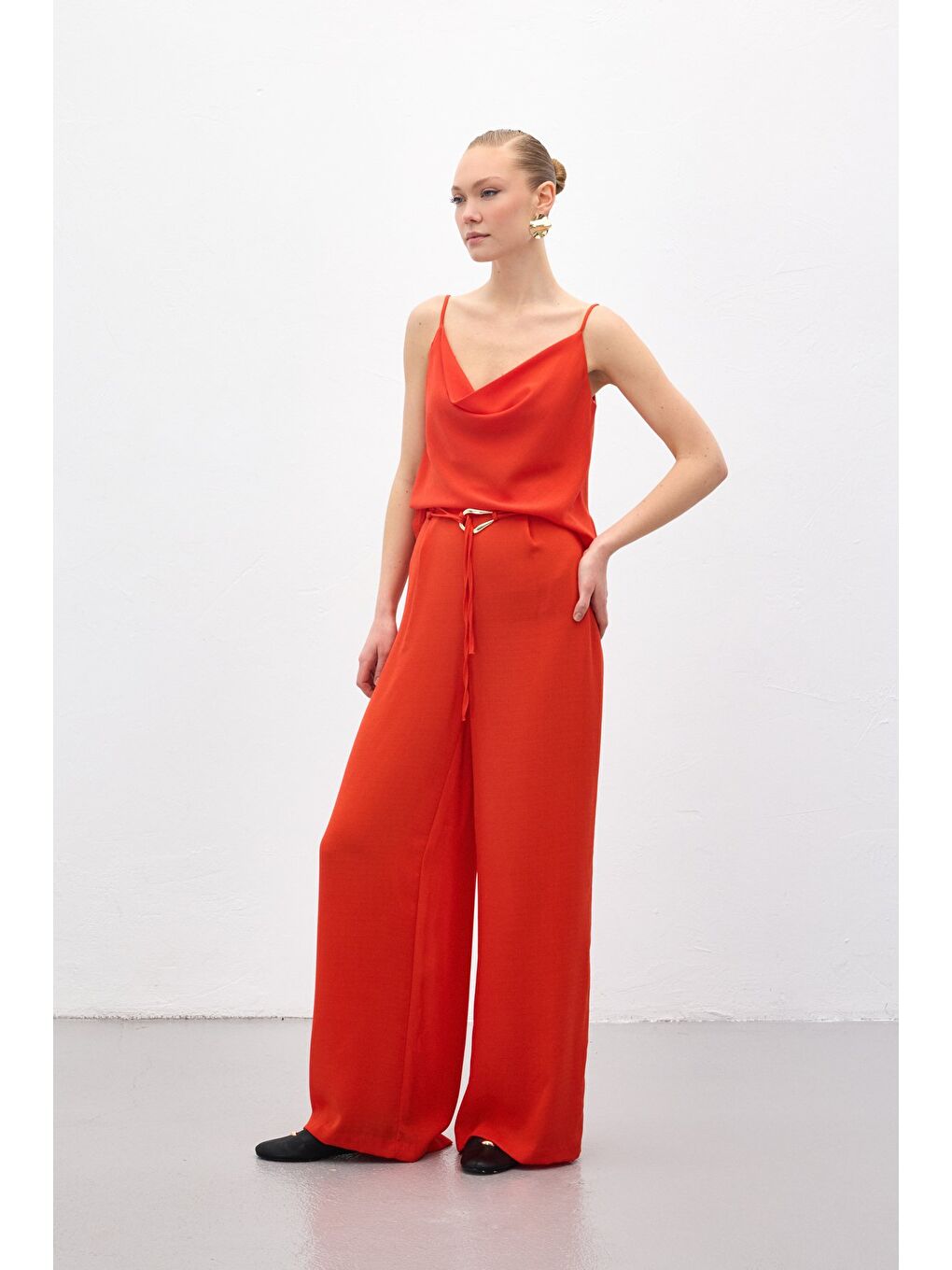 Turuncu Kemerli Salaş Pantolon - Oranj-4