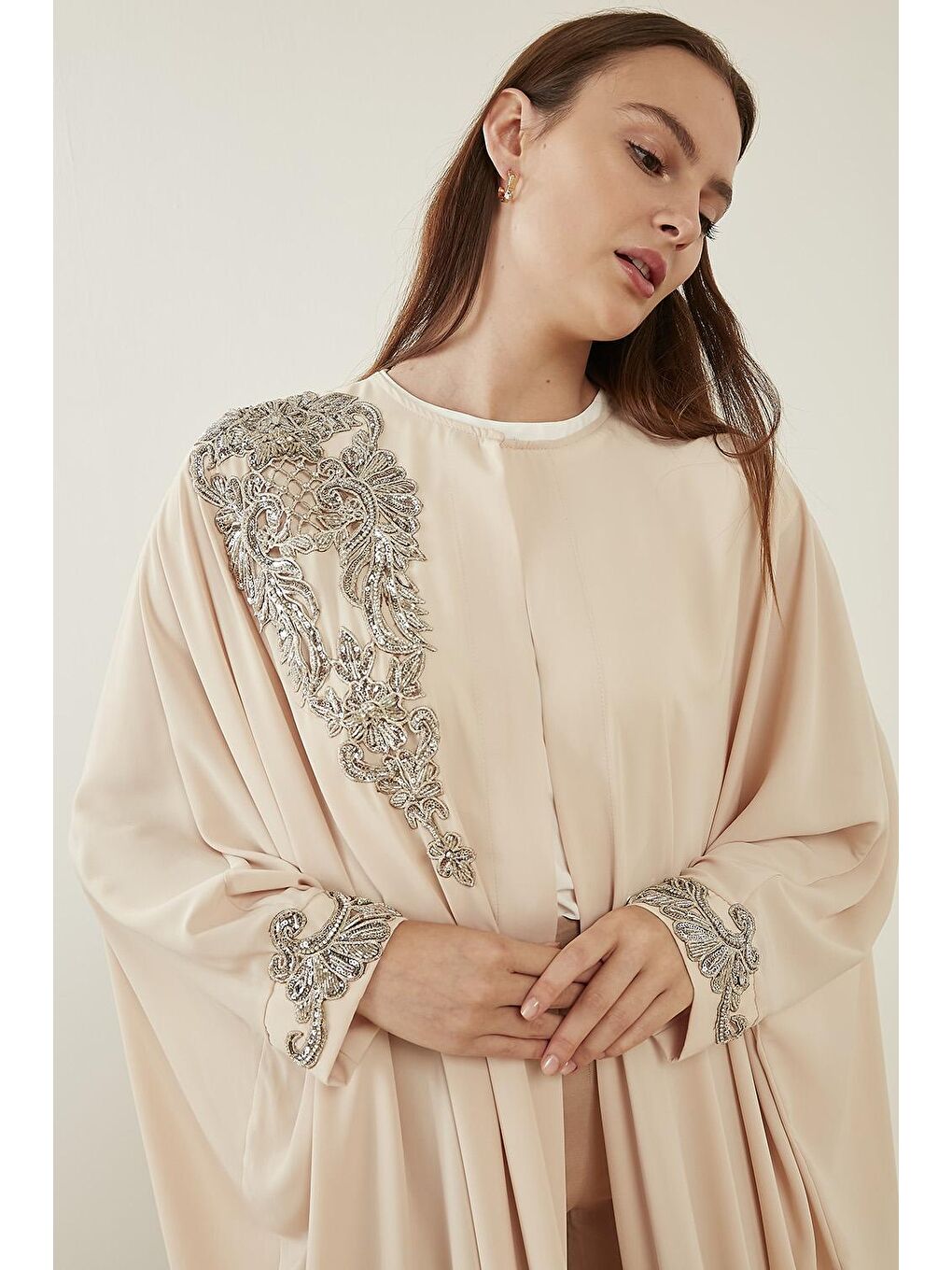 Mizalle Pudra Agraflı Taşlı Pudra Abaya - 8