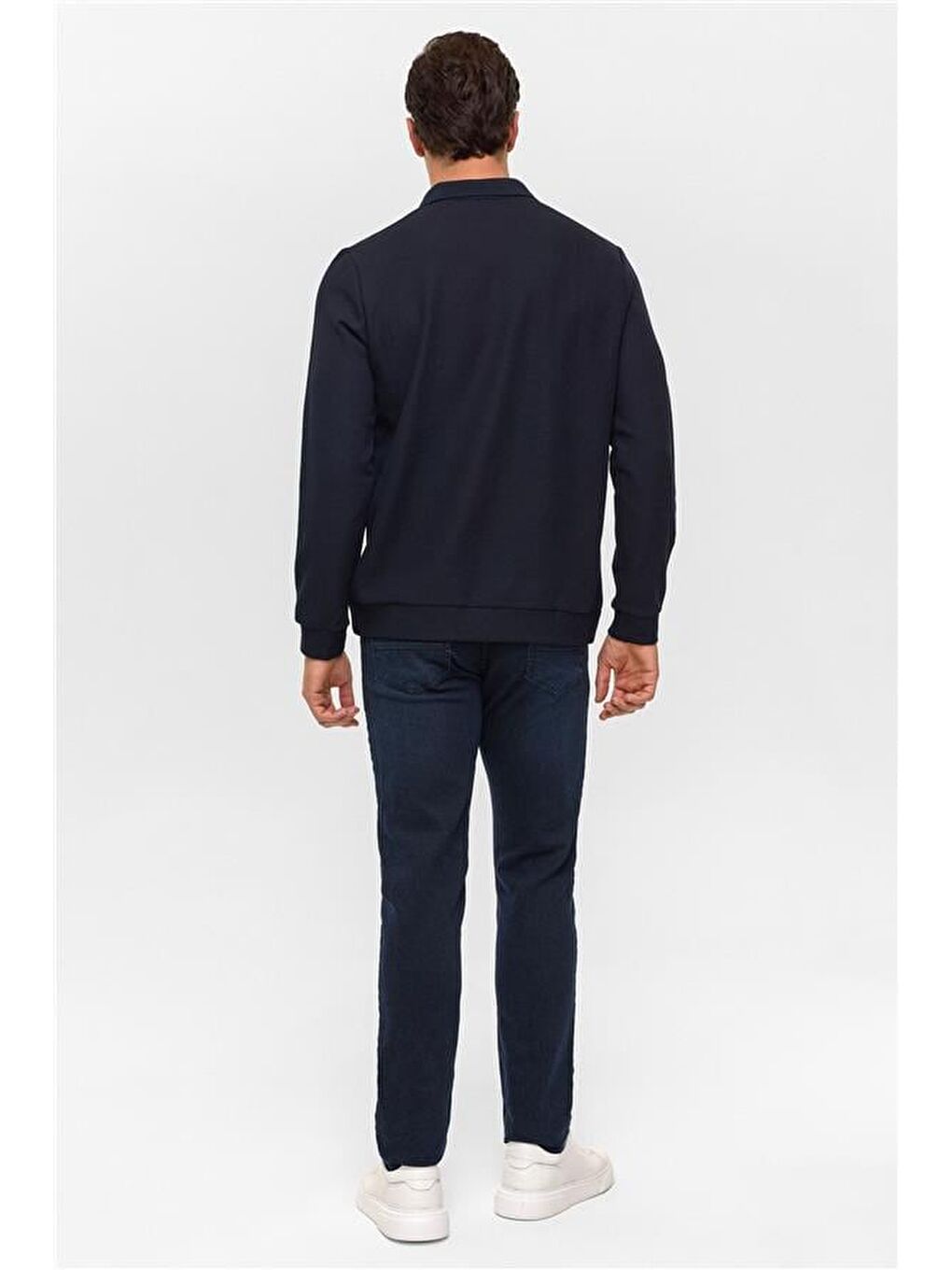Lacivert Regular Düz Polo Yaka Sweatshirt-4