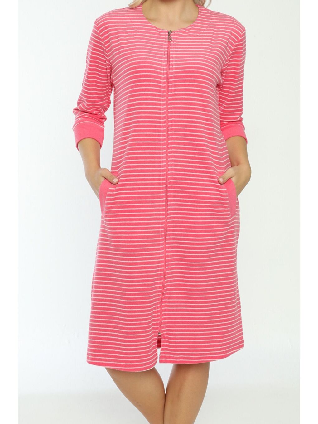 Pembe Kadın Lila Fermuarlı Pamuklu Truvakar Kollu Cepli Elbise-2