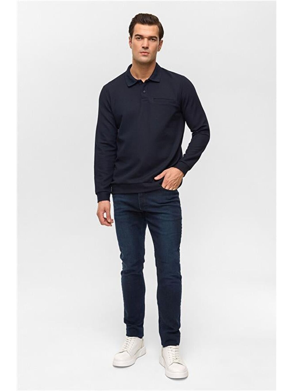 Lacivert Regular Düz Polo Yaka Sweatshirt-5