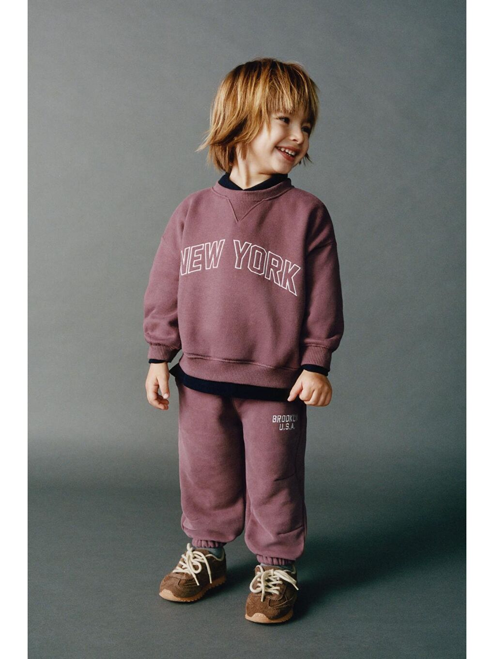 Kırmızı Erkek Çocuk Pamuklu New York Baskılı Sweatshirt Eşofman Takım