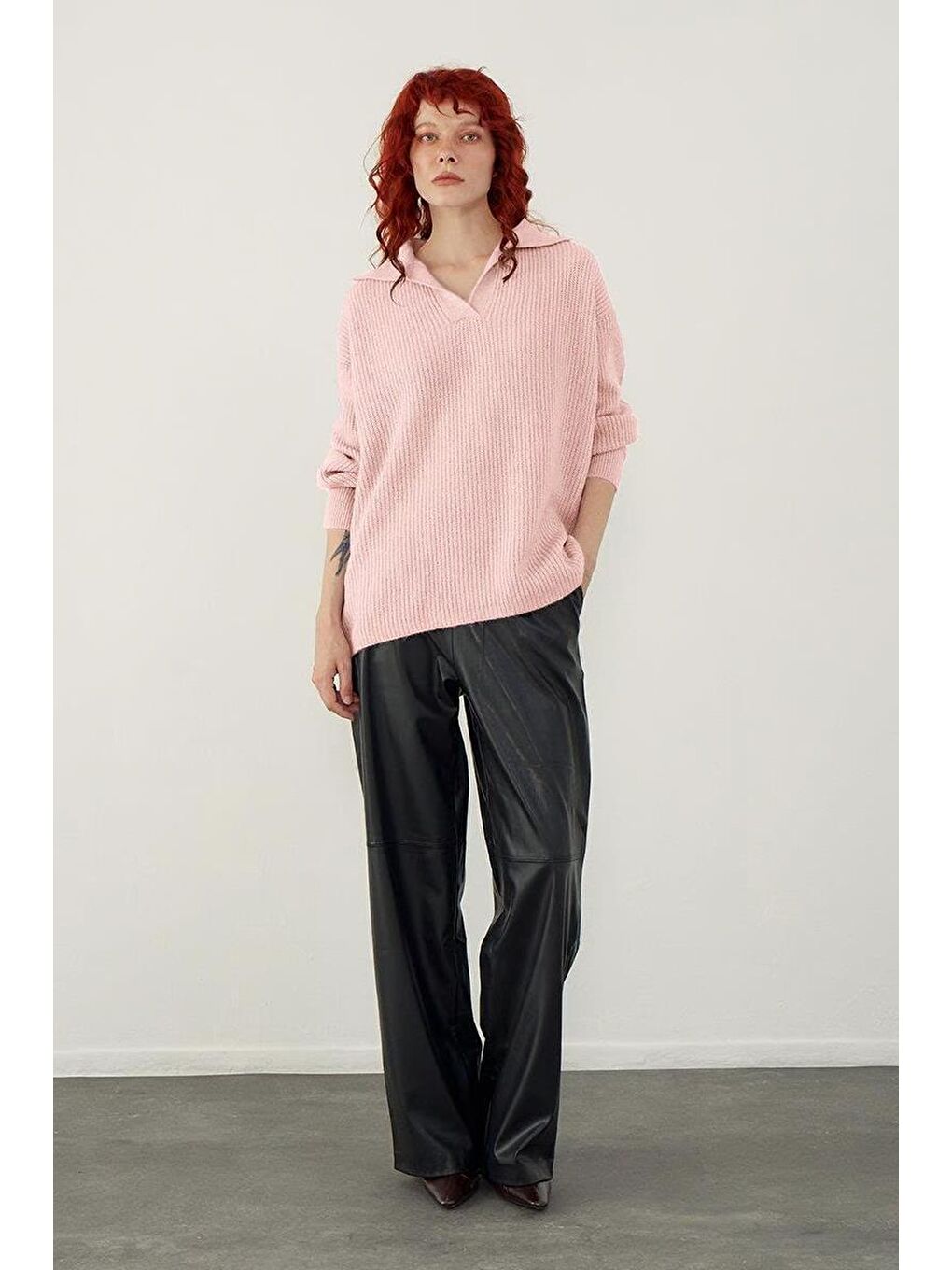 Pembe Polo Yaka Örgü Triko Kazak-1