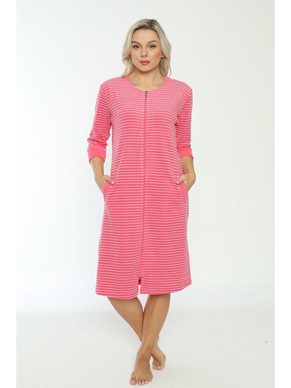 Pembe Kadın Lila Fermuarlı Pamuklu Truvakar Kollu Cepli Elbise-3