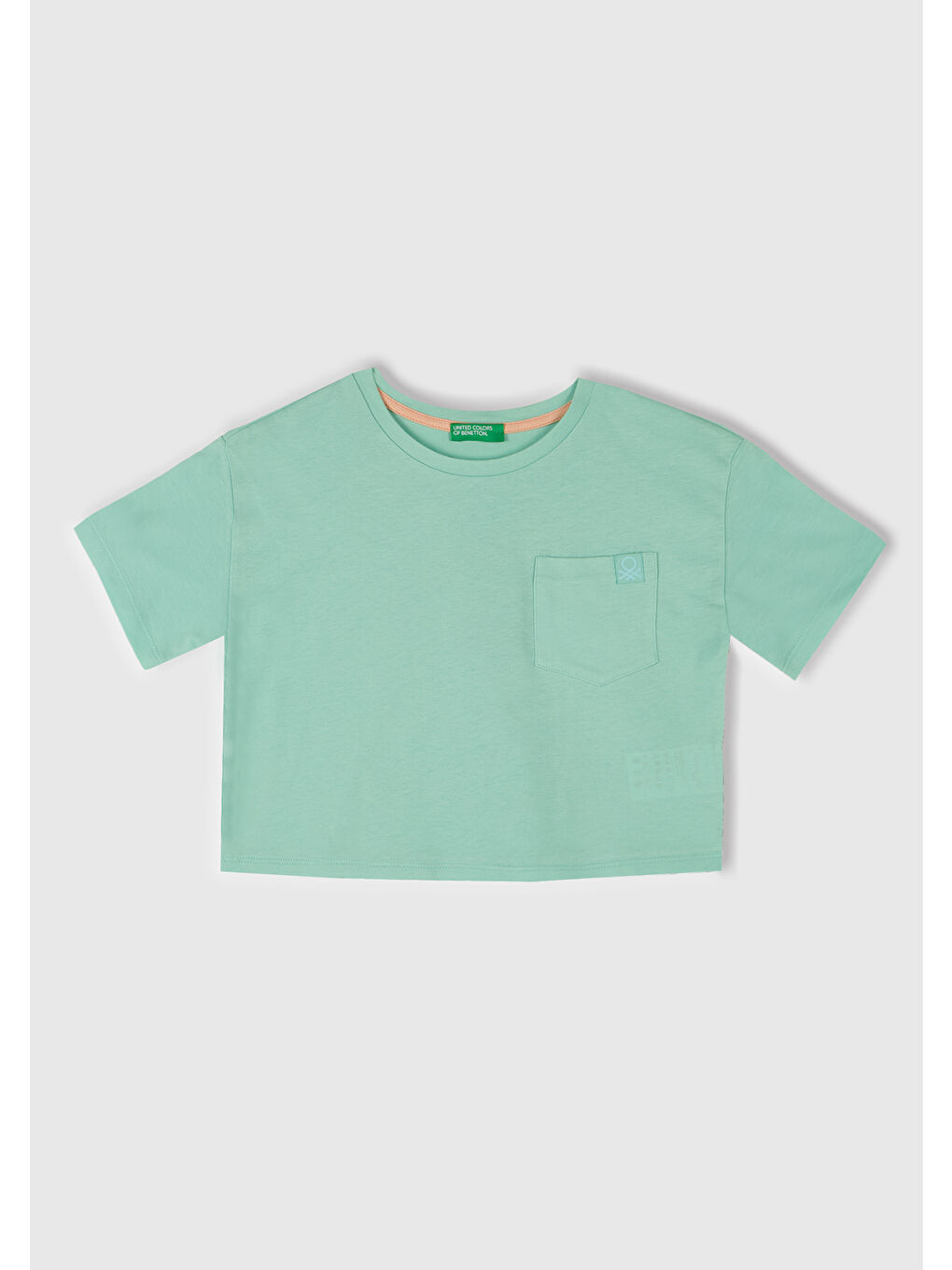 Turkuaz Kız Çocuk Su Yeşili Arkası Baskılı Yama Cepli T-Shirt