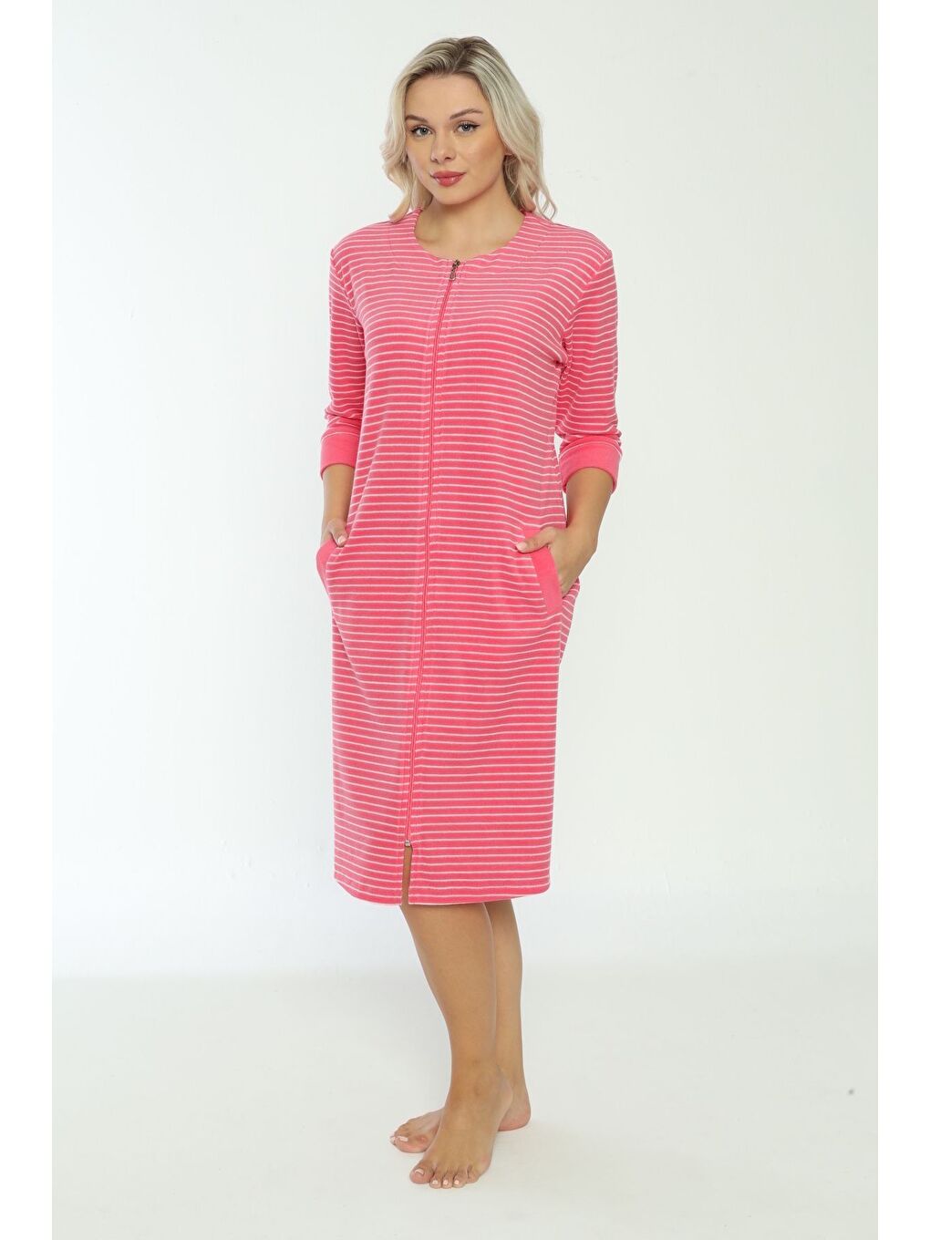 Pembe Kadın Lila Fermuarlı Pamuklu Truvakar Kollu Cepli Elbise-4