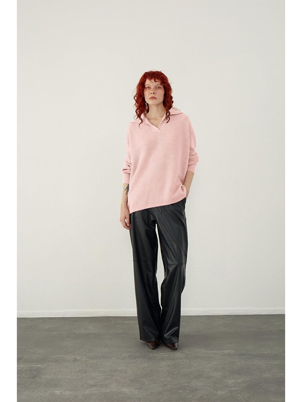 Pembe Polo Yaka Örgü Triko Kazak-2