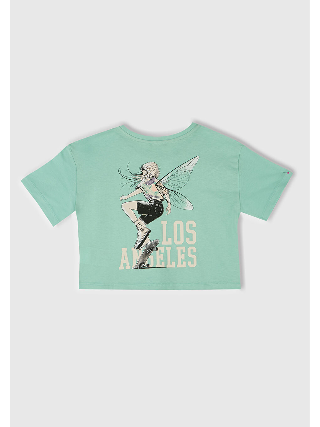 Turkuaz Kız Çocuk Su Yeşili Arkası Baskılı Yama Cepli T-Shirt-2