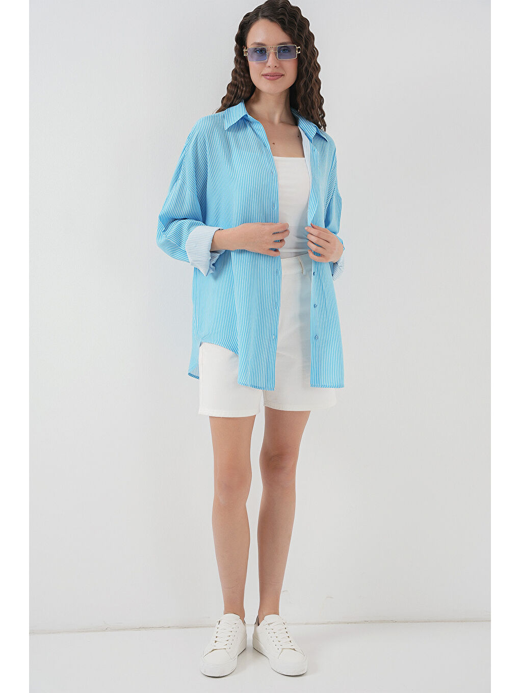 Kadın Çizgili Oversize Gömlek 20295 - Mavi-1