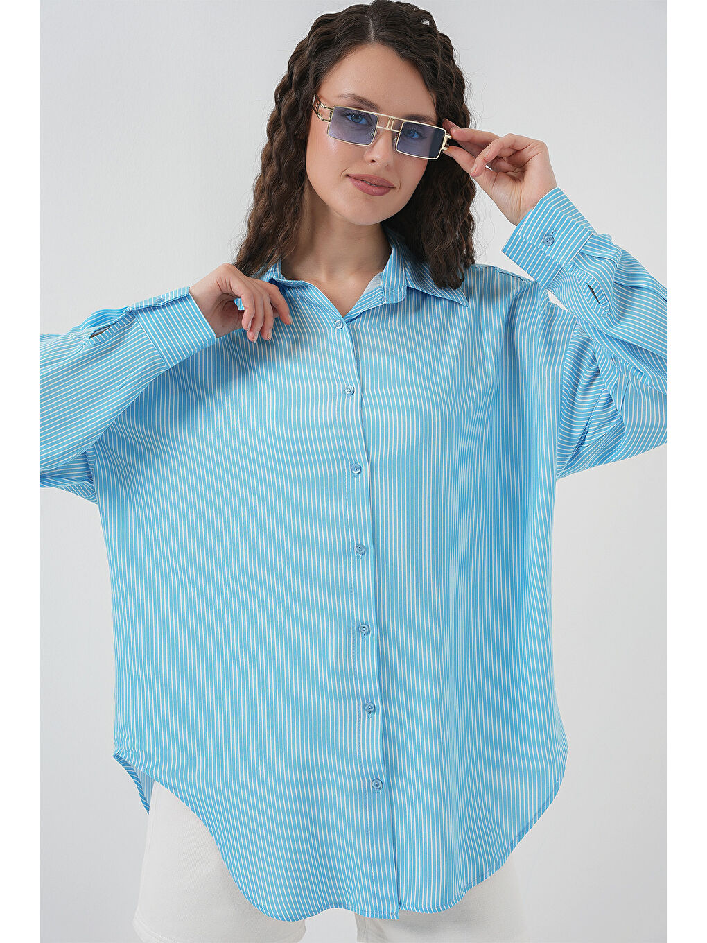 Kadın Çizgili Oversize Gömlek 20295 - Mavi-2