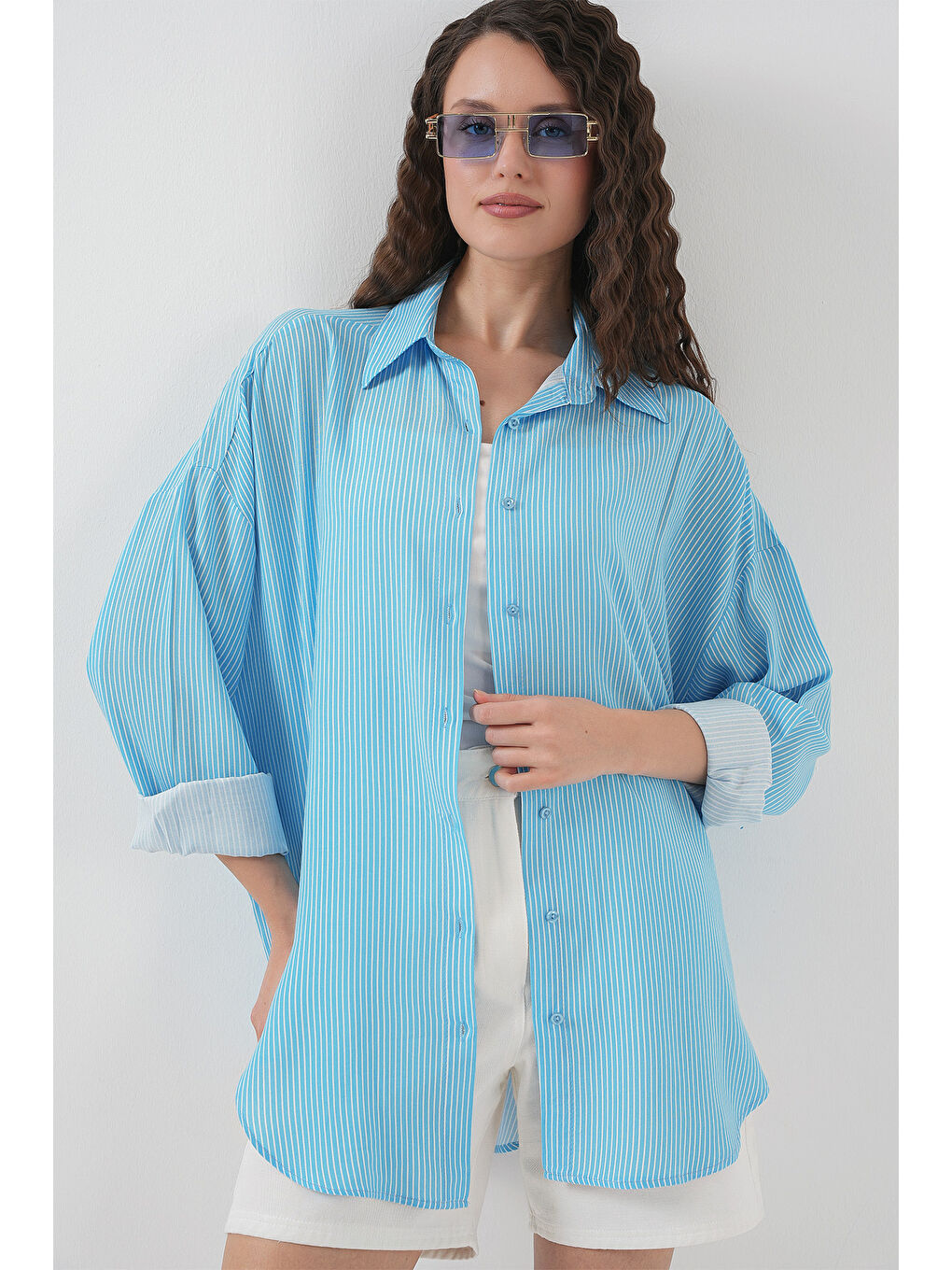 Kadın Çizgili Oversize Gömlek 20295 - Mavi-3