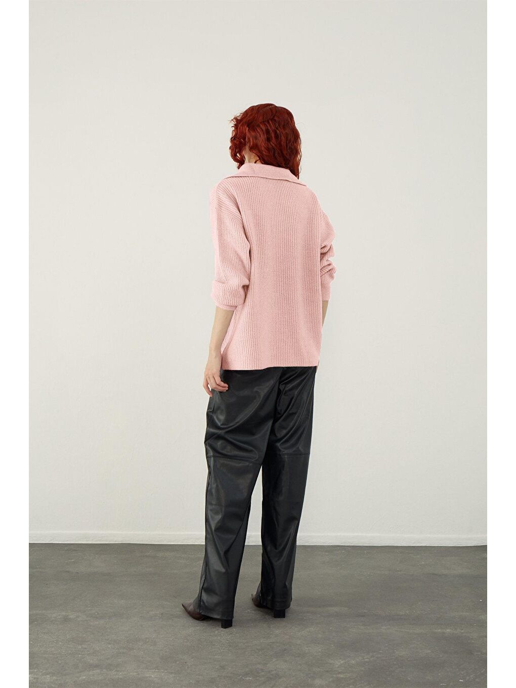 Pembe Polo Yaka Örgü Triko Kazak-3