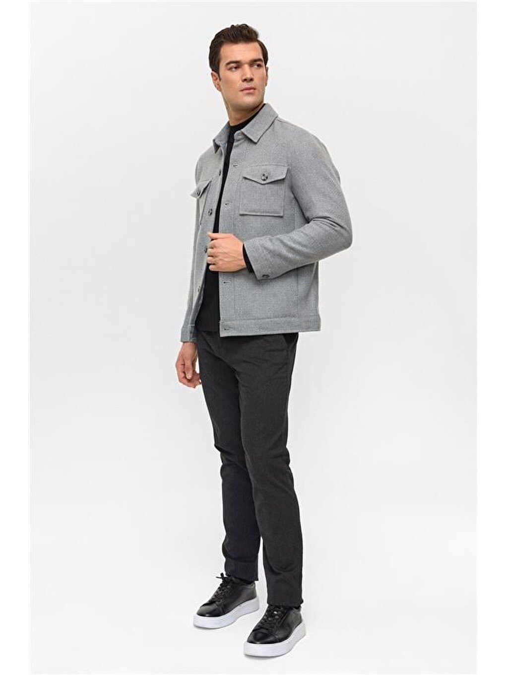 Gri Slim Desenli Klasik Yaka Mont-5