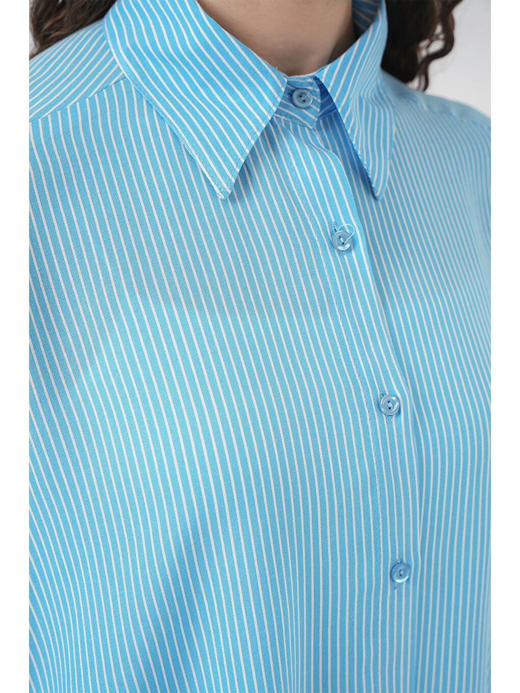 Kadın Çizgili Oversize Gömlek 20295 - Mavi-4