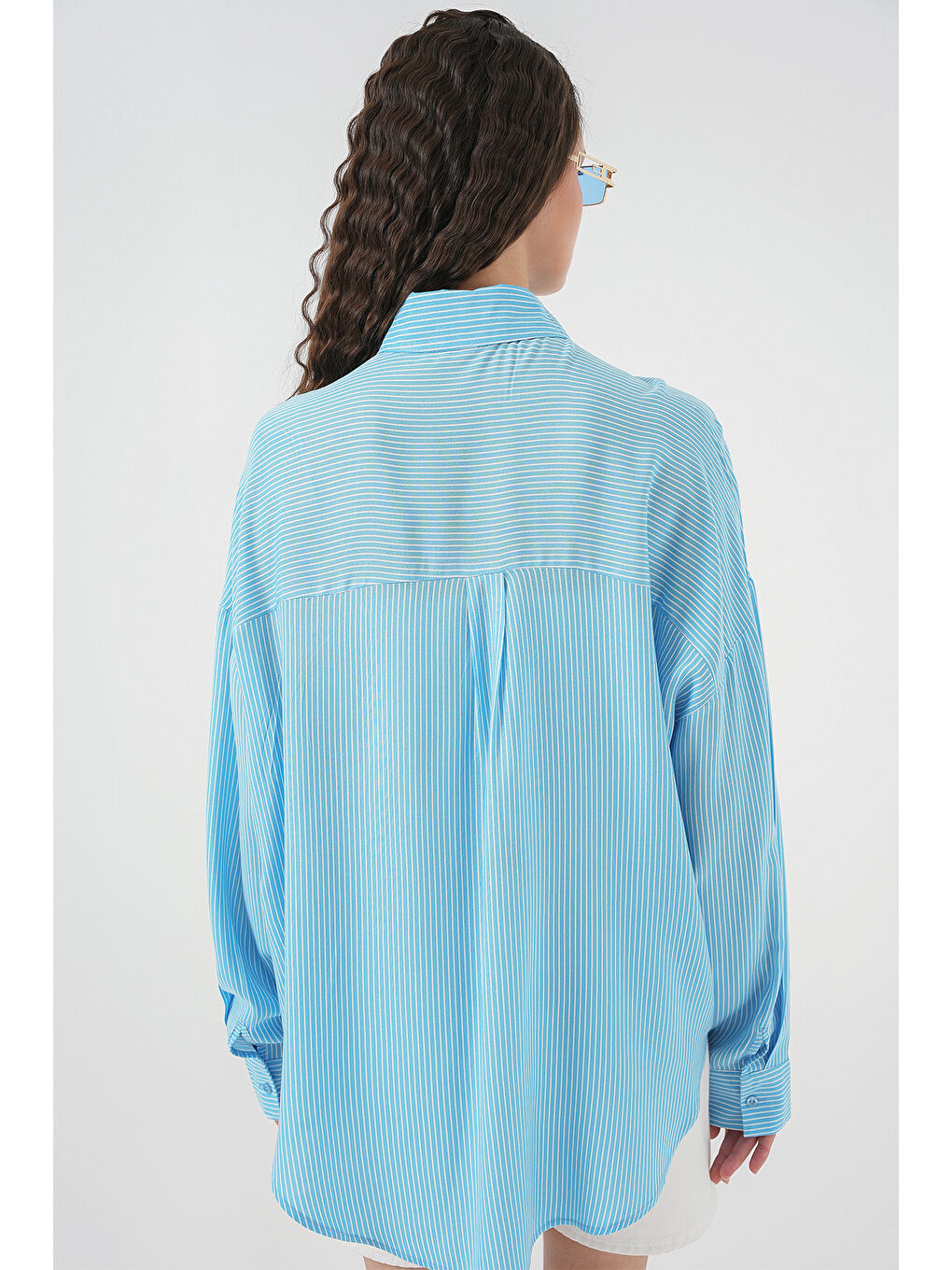 Kadın Çizgili Oversize Gömlek 20295 - Mavi-5
