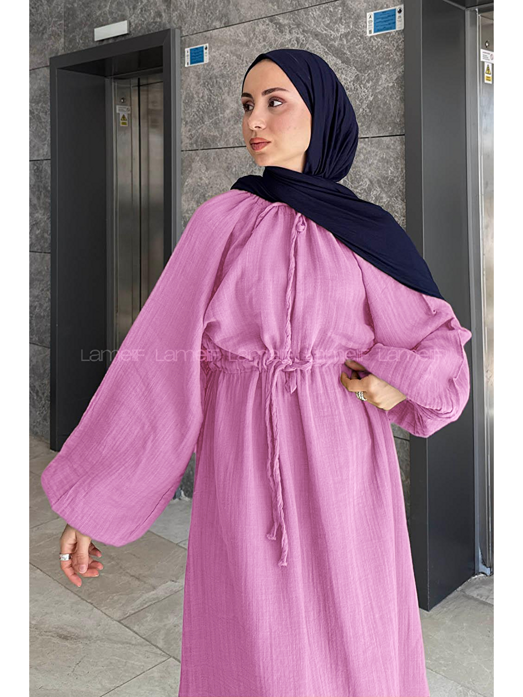 Balon Kol Bağlamalı Tesettür Elbise Pembe-3