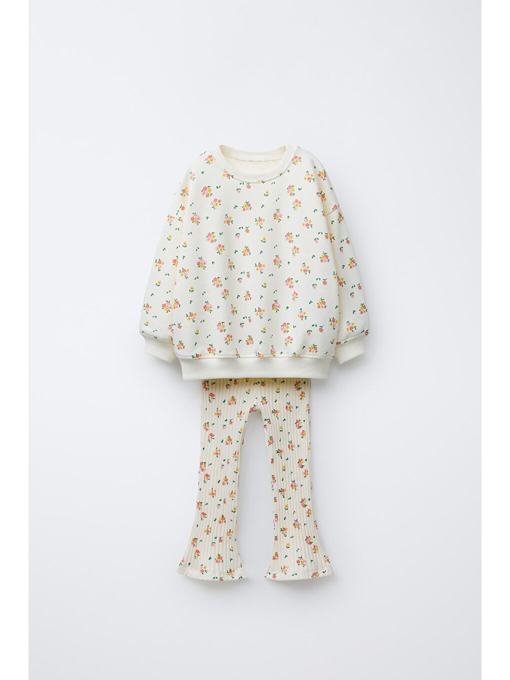 Kız Çocuk Pamuklu Ekru Çiçek Desenli Sweatshirt İspanyol Paça Tayt Takım-1