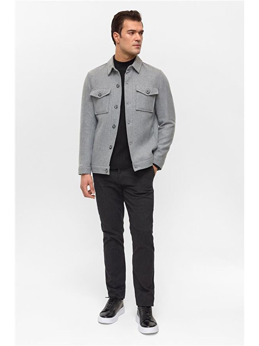 Gri Slim Desenli Klasik Yaka Mont-7