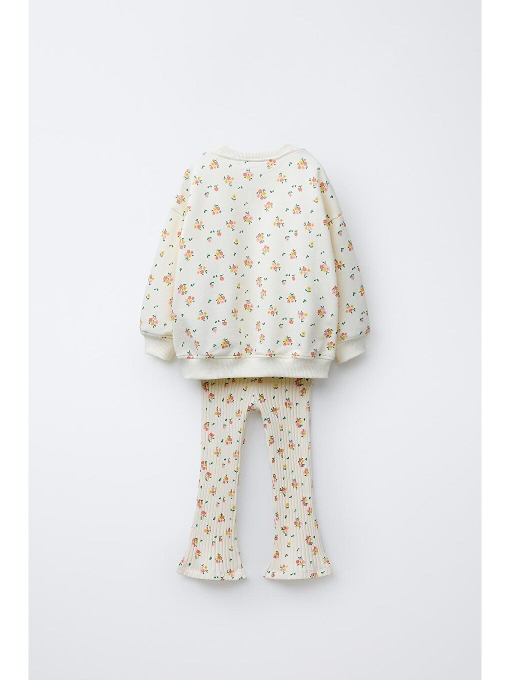 Kız Çocuk Pamuklu Ekru Çiçek Desenli Sweatshirt İspanyol Paça Tayt Takım-2
