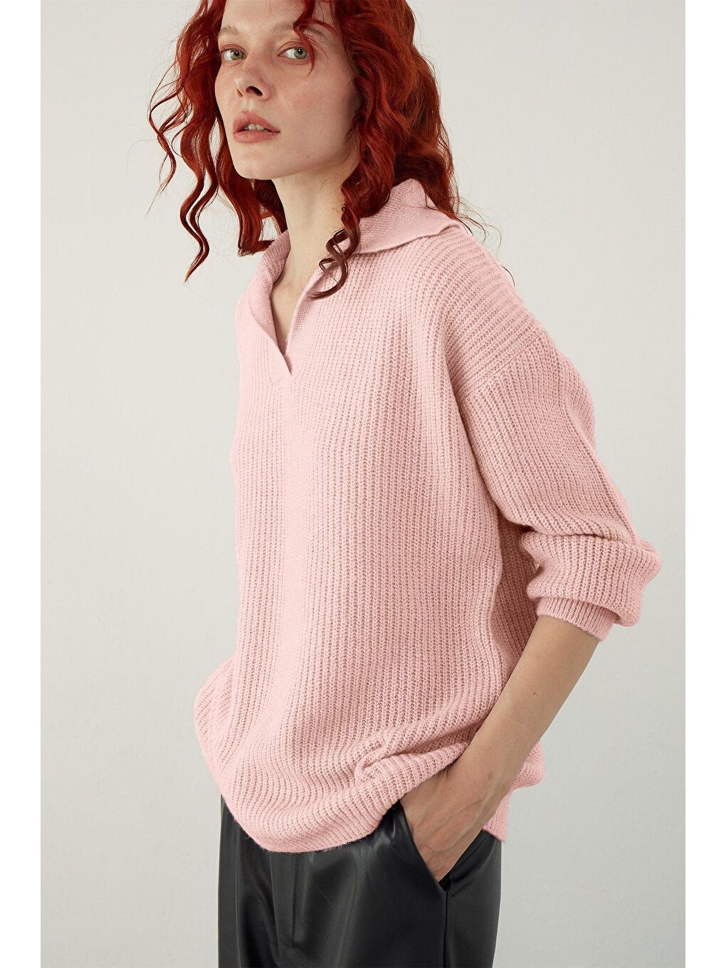 Pembe Polo Yaka Örgü Triko Kazak-4