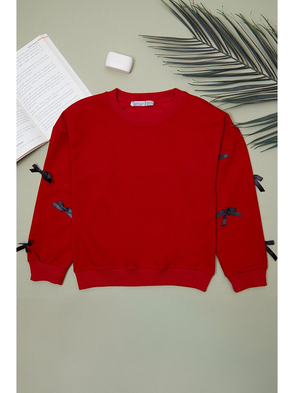 Kırmızı Kolu Fiyonk Detaylı Bisiklet Yaka Kız Çocuk Sweatshirt