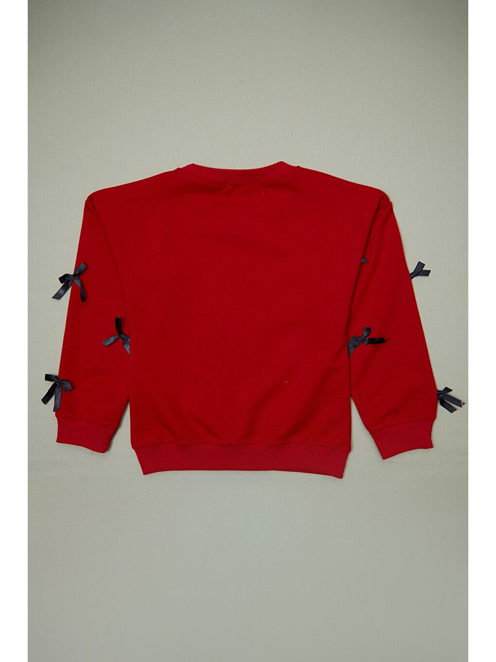 Kırmızı Kolu Fiyonk Detaylı Bisiklet Yaka Kız Çocuk Sweatshirt-3