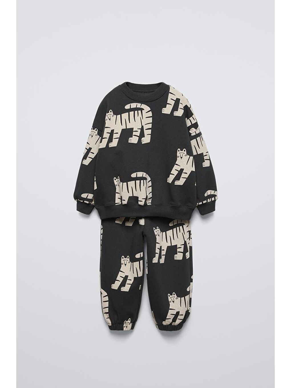 Erkek Çocuk Pamuklu Siyah Kaplan Desenli Sweatshirt Eşofman Takım Kışlık