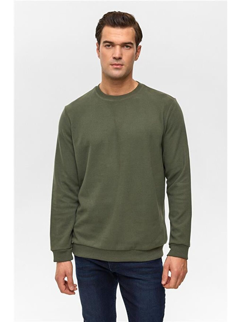 Haki Regular Düz Bisiklet Yaka Sweatshirt