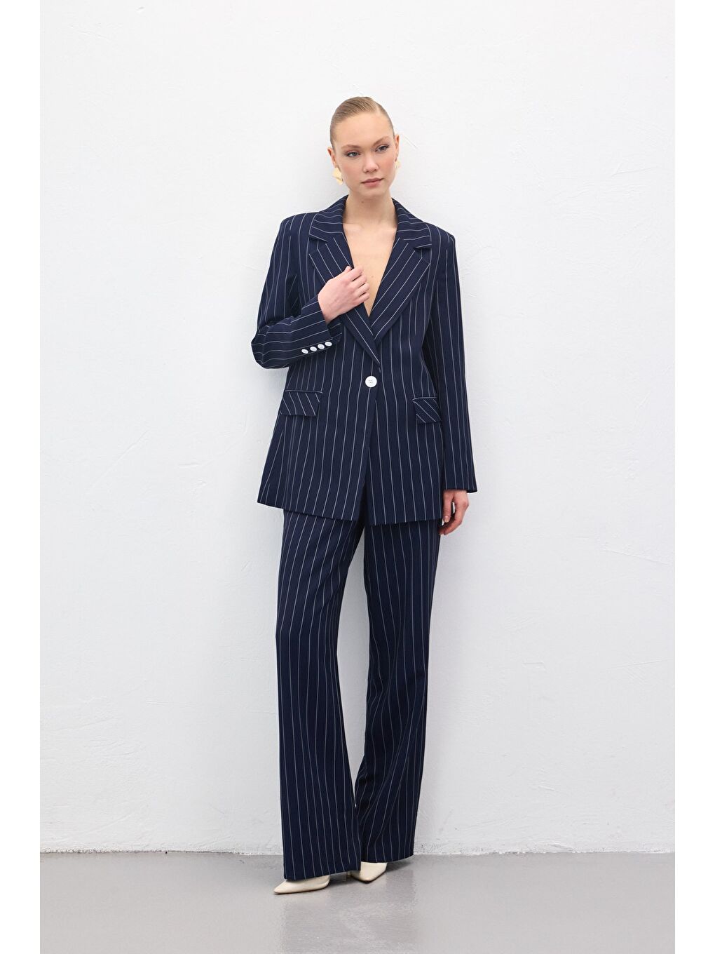 Rina Çizgili Pantolon - Lacivert-3