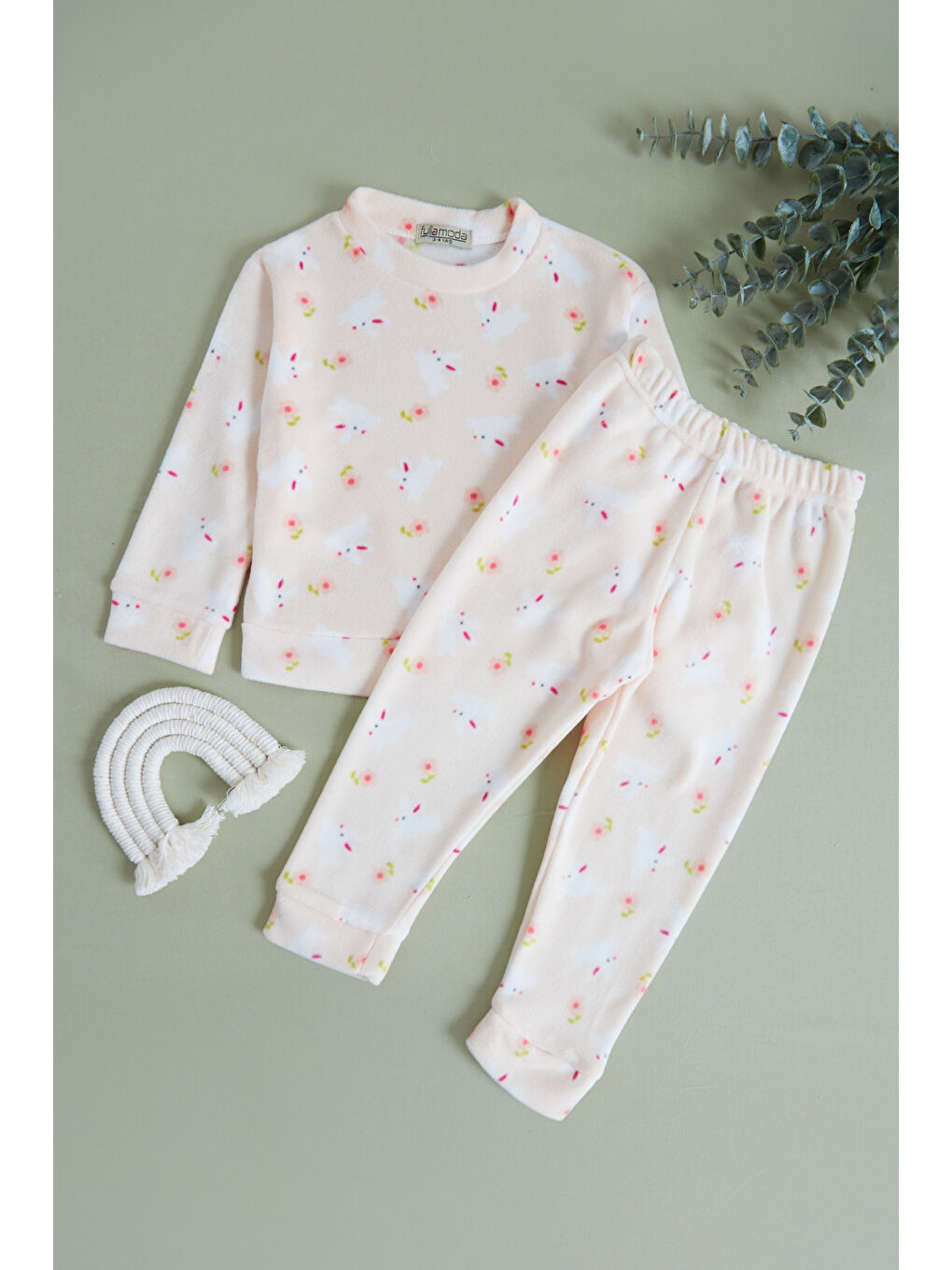 Sarı Ev Desenli Polar Unisex Çocuk Pijama Takımı-1