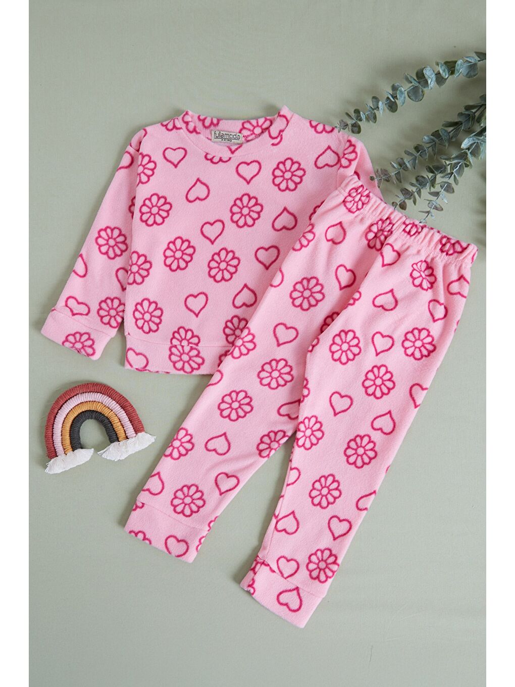 Pembe Ev Desenli Polar Unisex Çocuk Pijama Takımı