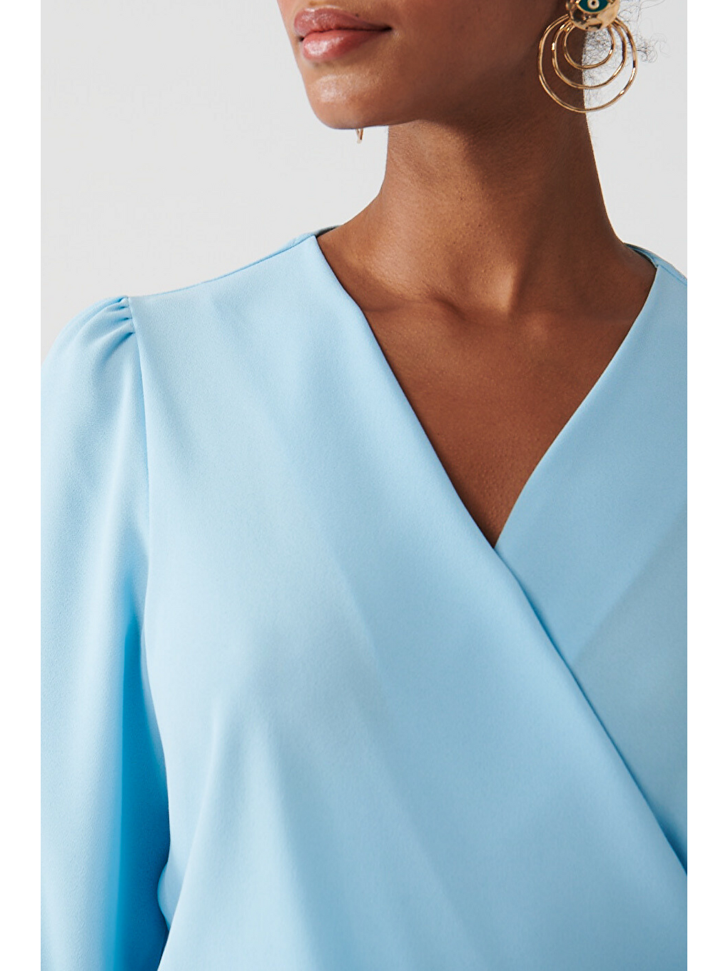 Düz renk Kruvaze Yaka Bluz-Mavi-1