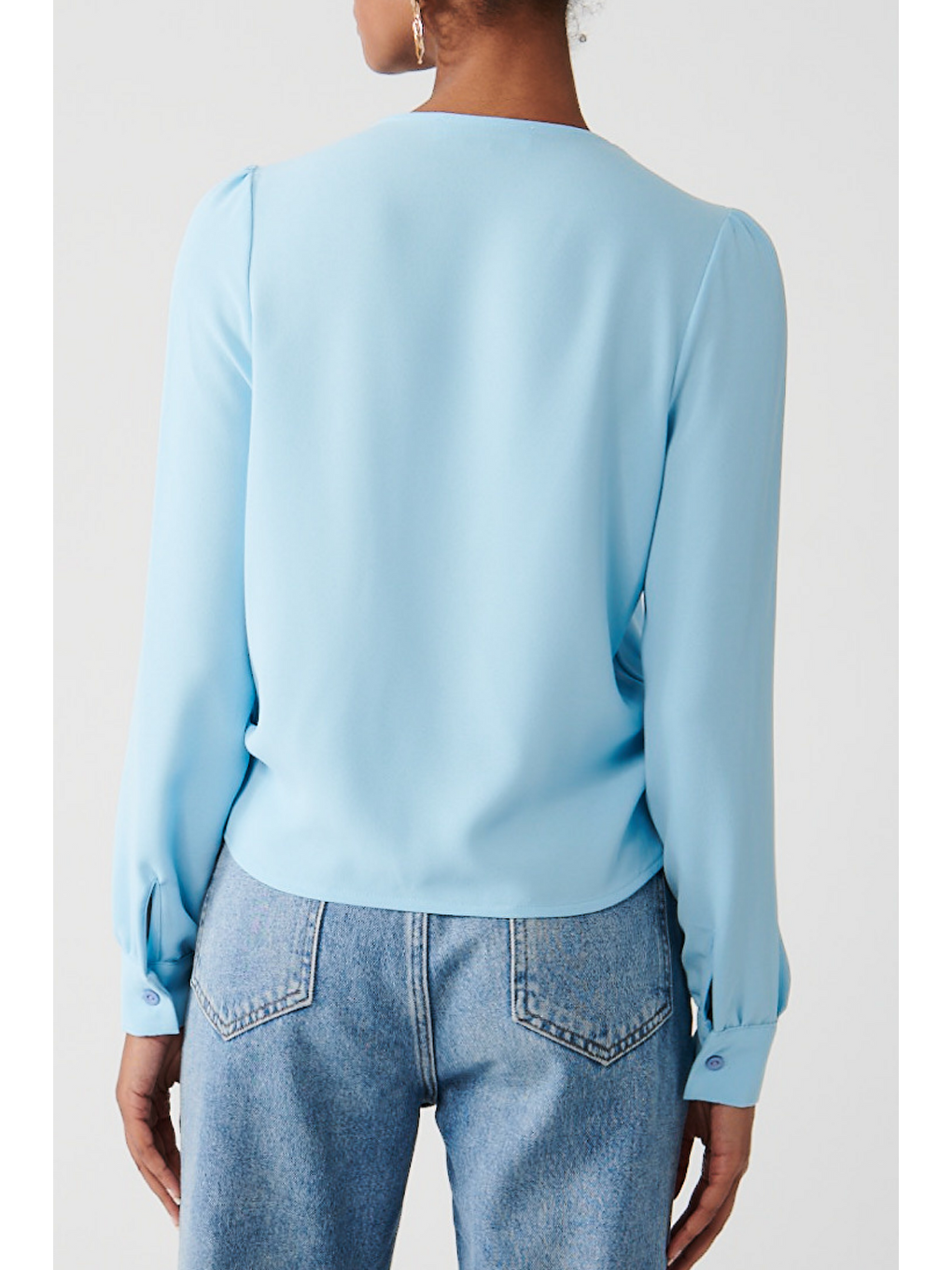 Düz renk Kruvaze Yaka Bluz-Mavi-2