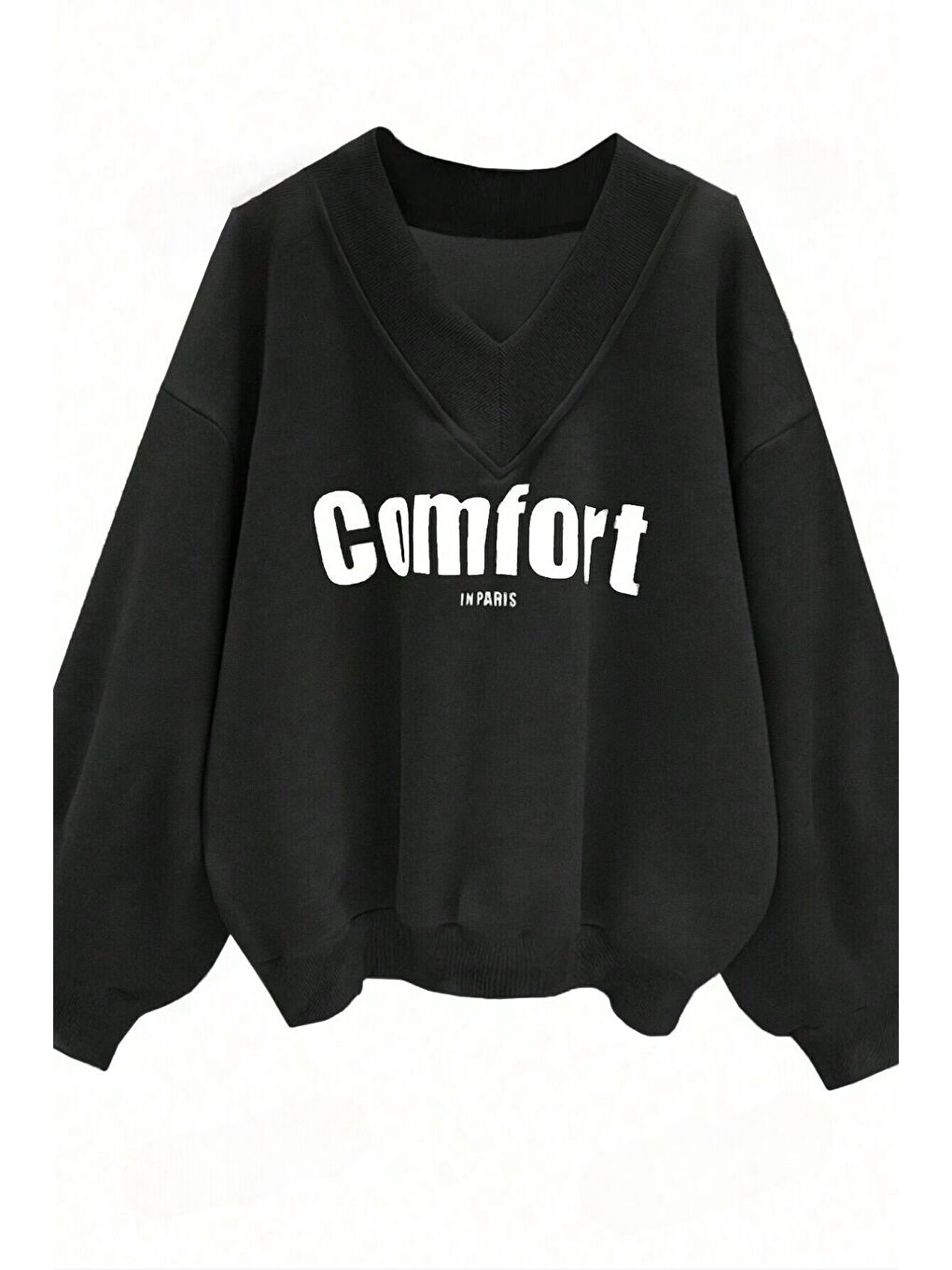 Trendseninle Siyah Kadın Siyah Comfort In Paris Baskılı V Yaka Oversize Sweatshirt