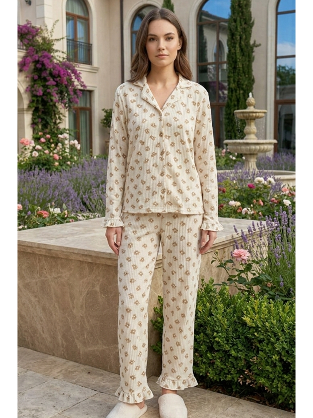 Ekru Bürümcük Dokulu Düğmeli Pijama Takım Teddy Bear-1