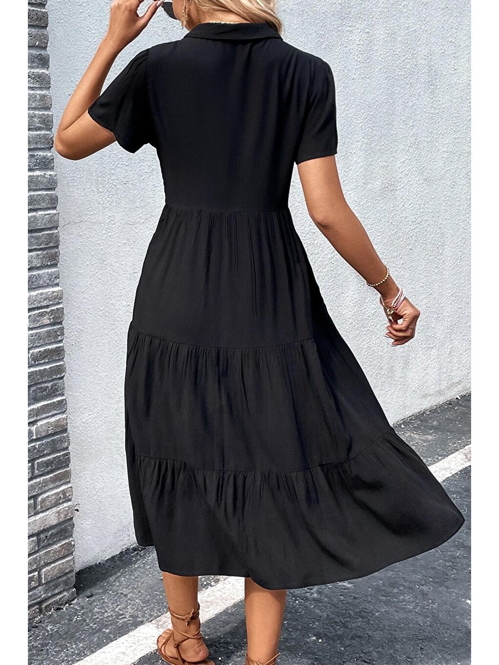 Siyah Gömlek Yaka Uzun Elbise Mg1853-5