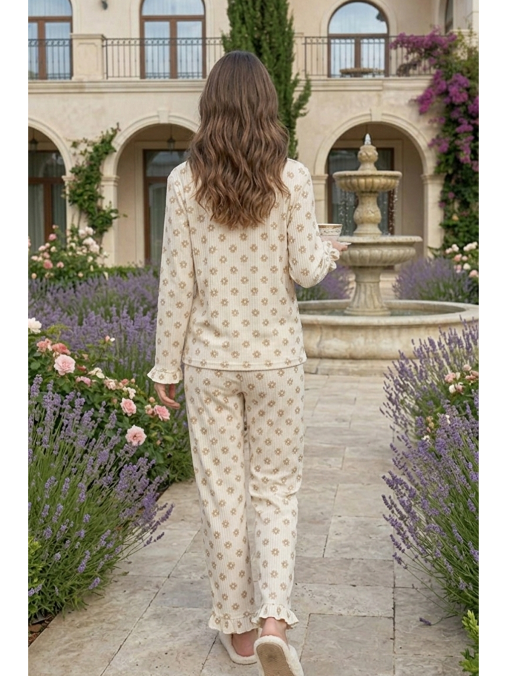 Ekru Bürümcük Dokulu Düğmeli Pijama Takım Teddy Bear-2