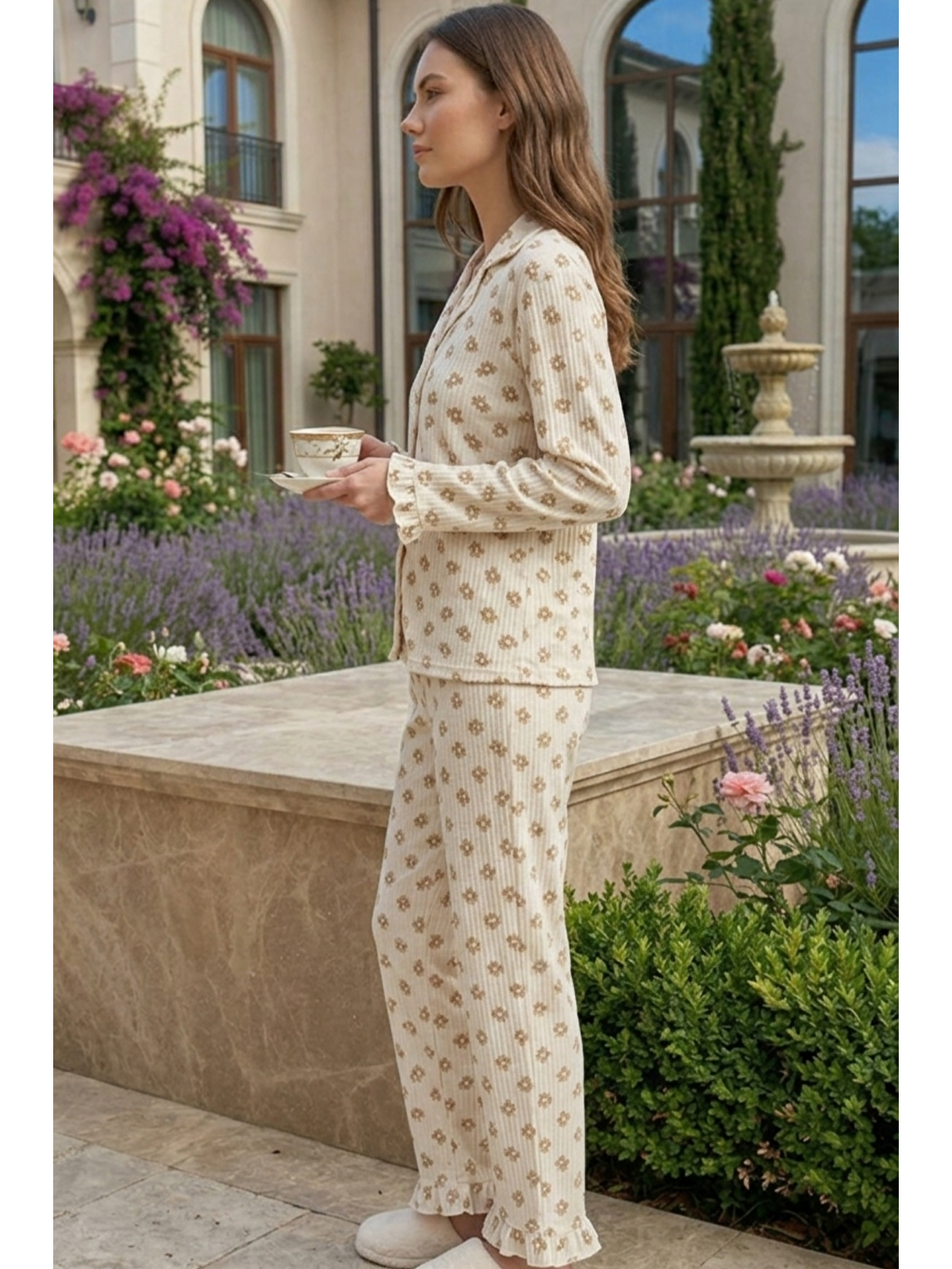 Ekru Bürümcük Dokulu Düğmeli Pijama Takım Teddy Bear-3