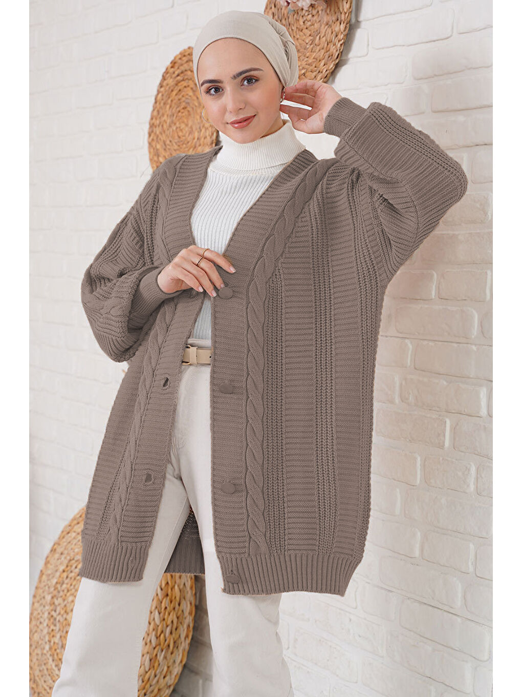 Kahverengi 15768 Tesettür Triko Hırka - A.Kahve