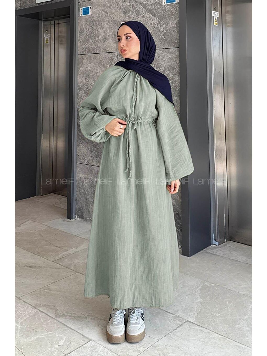 Balon Kol Bağlamalı Tesettür Elbise Çağla Yeşili-1